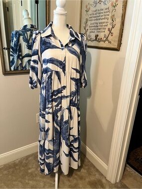 TCEC Cream Maxi Dress with Blue Tropical Leaf Print